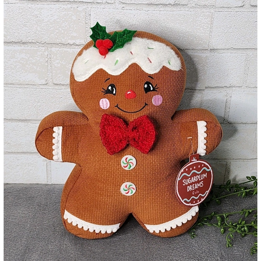 Sugarplum Dreams Gingerbread Girl Plush Figure Pillow 13" x 11" Bow Sprinkles‎